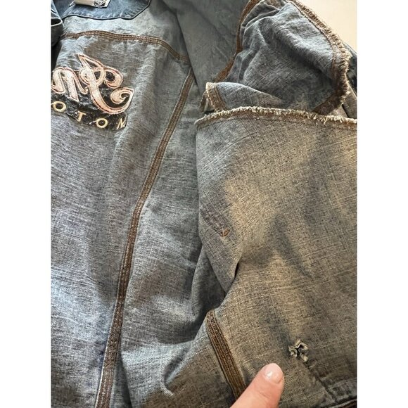 Vintage Indian Motorcycle oversized biker denim jacket embroidered sz L patches - Picture 13 of 16